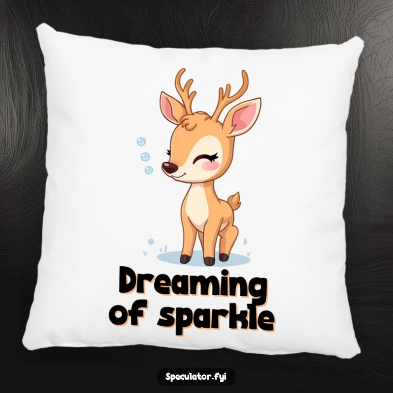 Funny pillow featuring a delighted deer admiring a sparkling dewdrop, bringing a sense of calm and gentle beauty to any room.