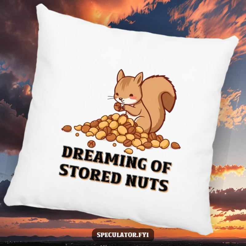 Funny decorative pillow with a squirrel diligently sorting nuts into neat piles, offering comfort and whimsical humor.