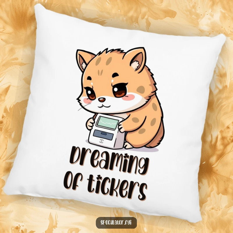 Funny Kawaii animal pillow with determined look examining a stock ticker, comfy and a perfect funny gift.