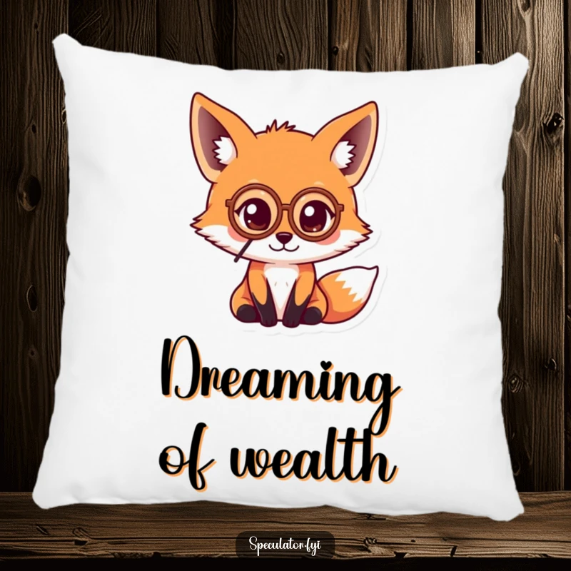 Funny kawaii fox wearing a monocle and intently looking at a coin, offering comfort and humor on a decorative pillow.