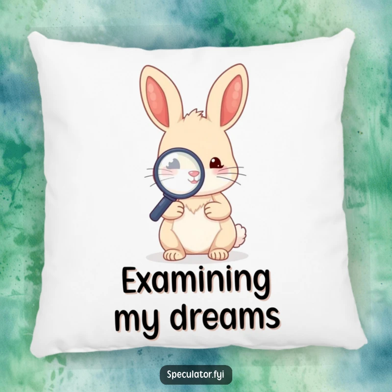 Funny kawaii rabbit character holding a magnifying glass over a tiny object on a soft pillow.