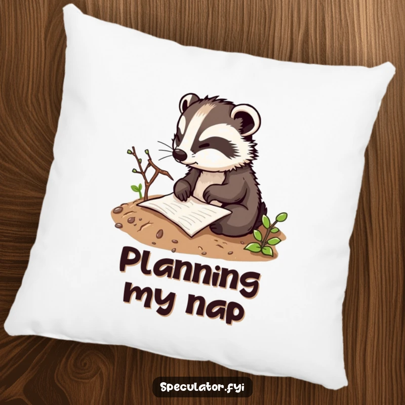 Funny thoughtful badger character pillow sketching a plan in the dirt with a twig, a soft and humorous accent for any space.