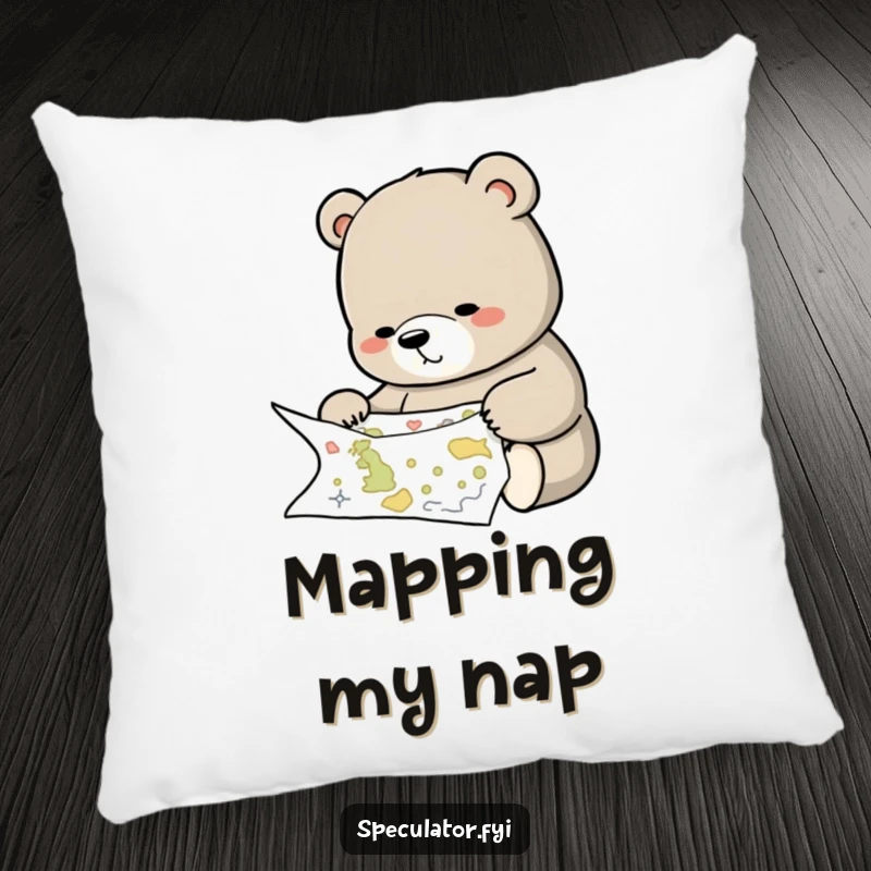 Funny decorative pillow with a thoughtful bear studying a complex map, offering comfort and whimsical humor.