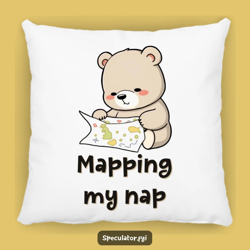 Funny Bear Studying Map Pillow - Cozy Planner Cushion, Adorable Humorous Gift