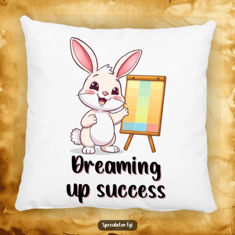 Funny bunny decorative pillow, confidently pointing at a colorful business chart, soft and humorous.