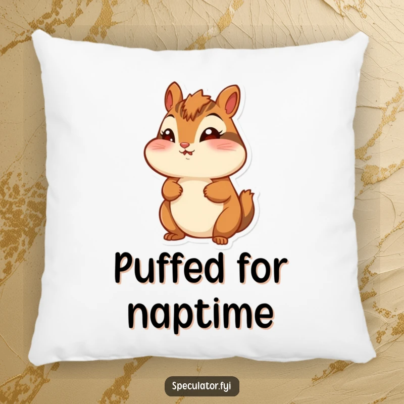 Funny chipmunk pillow, puffed cheeks, looking around with wonder, soft home decor for cheerful vibes.