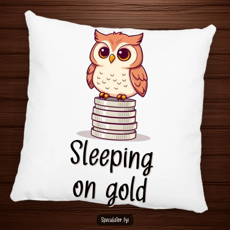 Funny pillow featuring a curious owl perched on a stack of coins, symbolizing wisdom, financial security, and cozy contemplation.