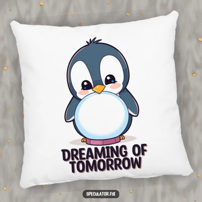 Funny curious penguin smiling while peering into a crystal ball on a pillow, soft and humorous home accent.