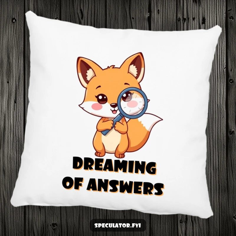 Funny cheerful fox pillow holding magnifying glass to question mark, a cozy detective character perfect for quiet moments.