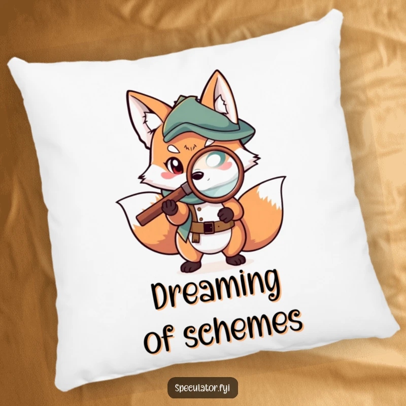 Funny fox pillow with a character examining a map with a magnifying glass, offering comfort and intrigue.
