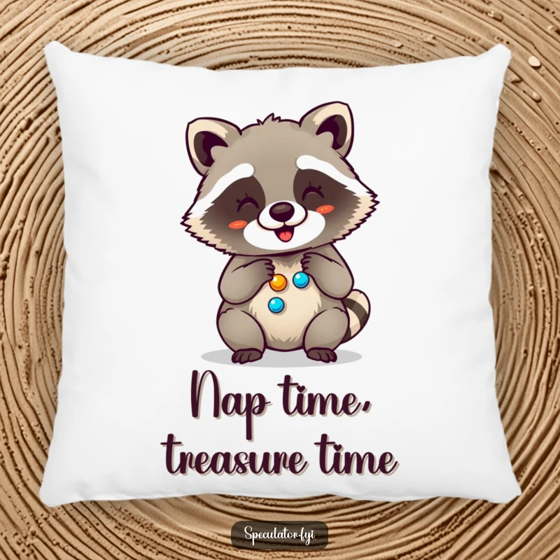 Funny pillow featuring a giggling raccoon engrossed in counting its shiny button collection, radiating happiness and a love for shiny things.