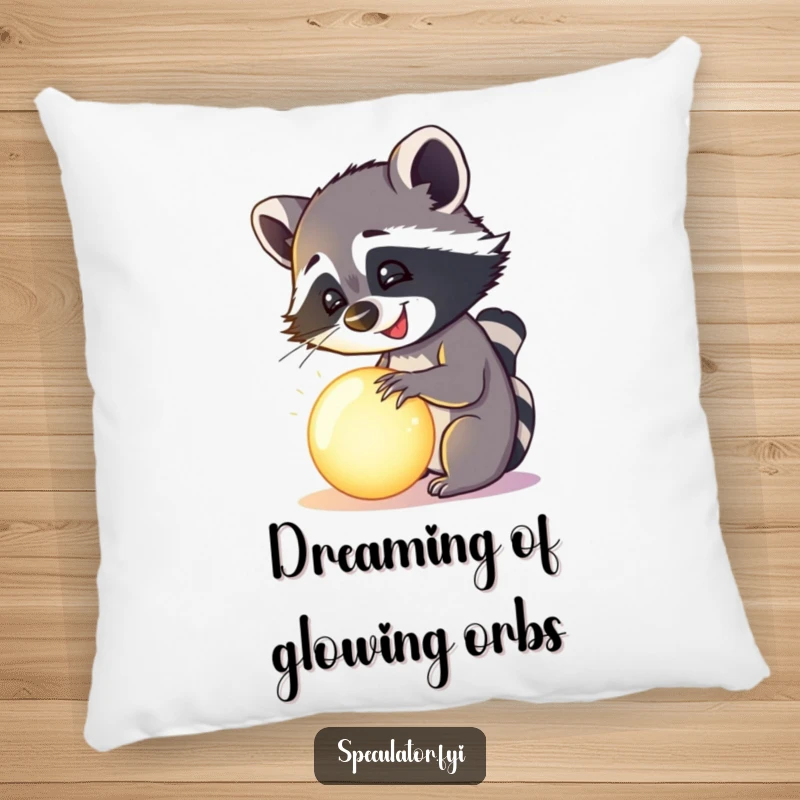 Funny happy raccoon examining a mysterious, glowing orb on a pillow, soft and humorous home accent.