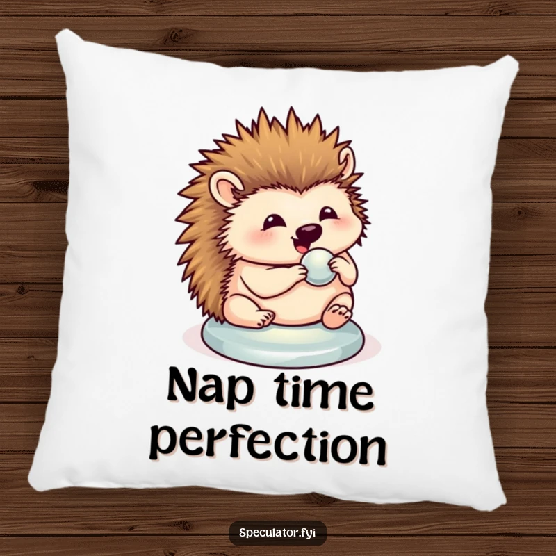 Funny hedgehog pillow with a happy hedgehog polishing a shiny button, offering comfort and cute humor.