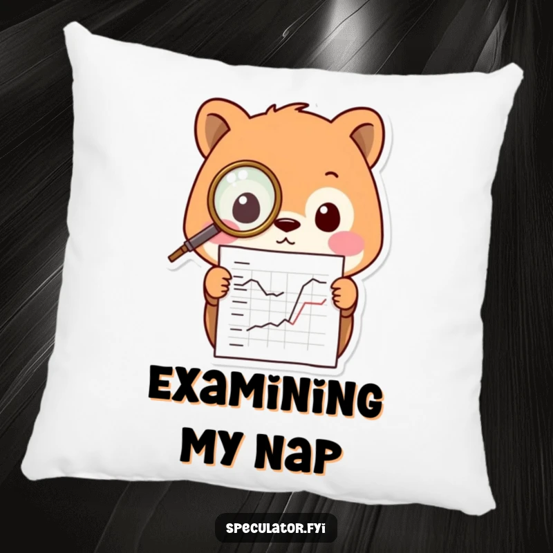 Funny Kawaii animal character pillow, wearing a tiny monocle and focused on a chart, offering soft comfort and thoughtful humor.