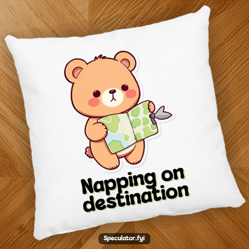 Funny kawaii bear pillow, featuring a bear holding a map and pointing, perfect for comfortable relaxation and planning.