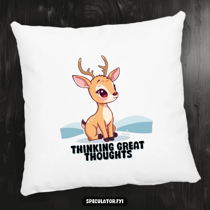 Funny kawaii deer pillow, featuring a thoughtful deer gazing at a distant horizon, perfect for relaxing spaces.