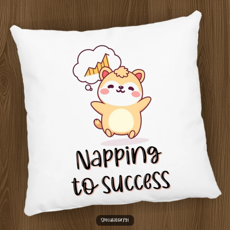 Funny Kawaii animal pillow bouncing with a rising graph thought bubble, comfy and a perfect funny gift.