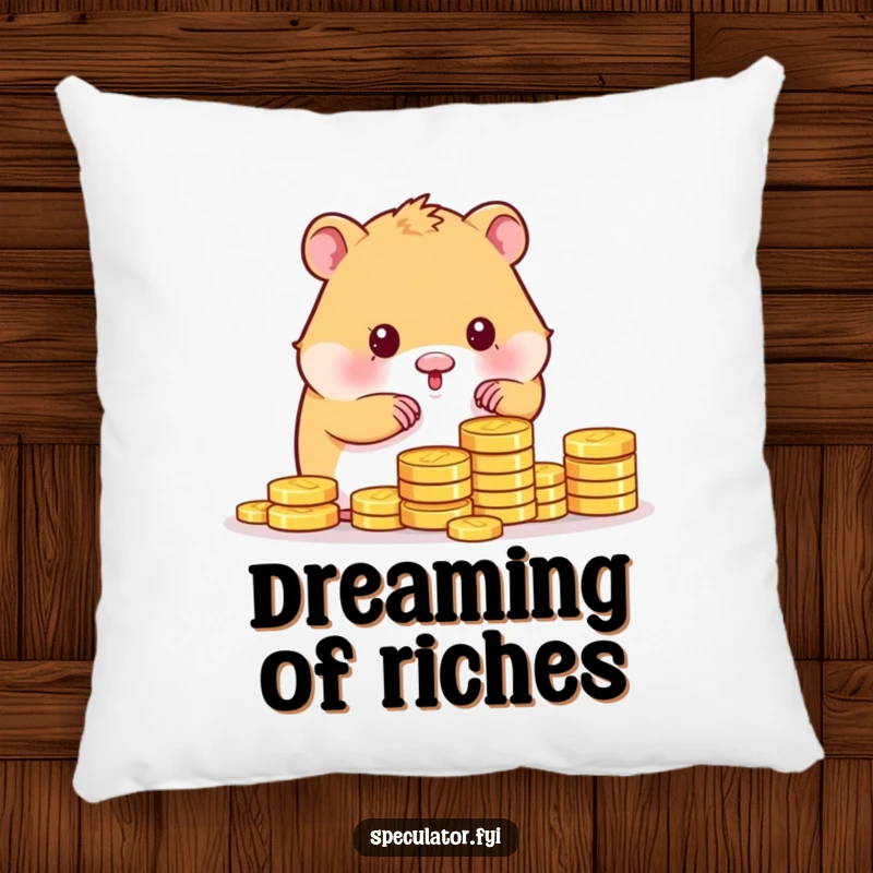 Funny kawaii hamster character sitting happily on a giant pile of gold coins, looking plush and cuddly on a pillow.