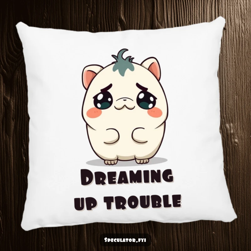 Funny Kawaii Creature Pillow: A Kawaii creature tilts its head with a sly, mischievous grin, embodying funny, clever plans.
