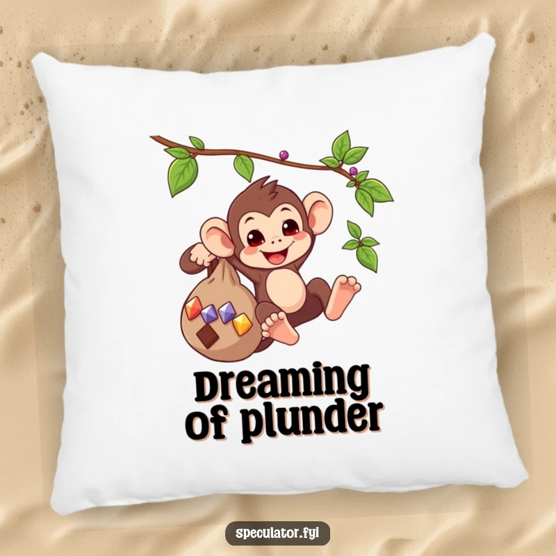 Funny decorative pillow with a playful monkey swinging from a vine with a bag of gems, offering comfort and whimsical humor.