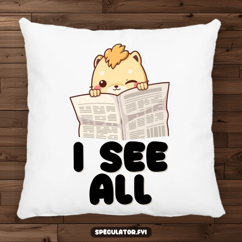 Funny creature peeking from behind a newspaper with a knowing smirk, featured on a soft and decorative pillow.