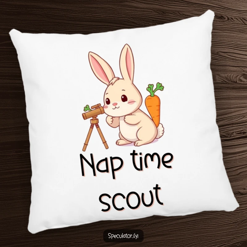 Funny decorative pillow with a rabbit using a telescope to look for a carrot, offering comfort and whimsical humor.