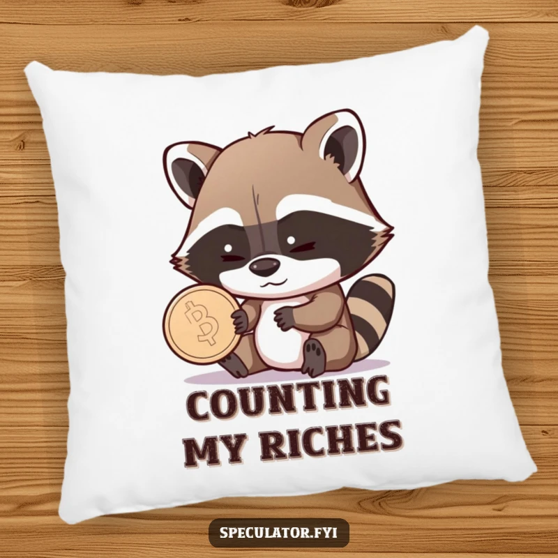 Funny Raccoon Pillow: a shrewd raccoon examines a coin with a sly grin, offering a humorous and comfortable decorative piece.