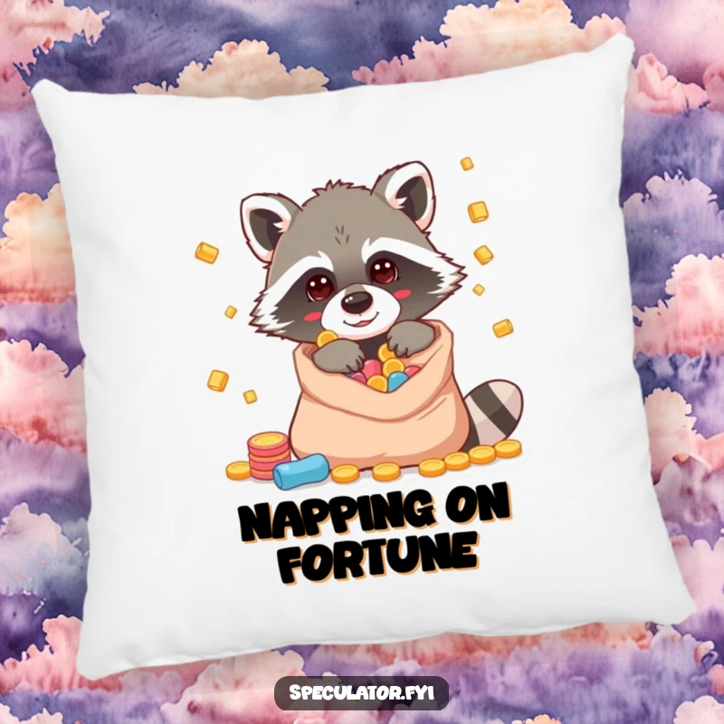 Funny raccoon pillow with a character peeking into a bag of riches, offering comfort and mischief.