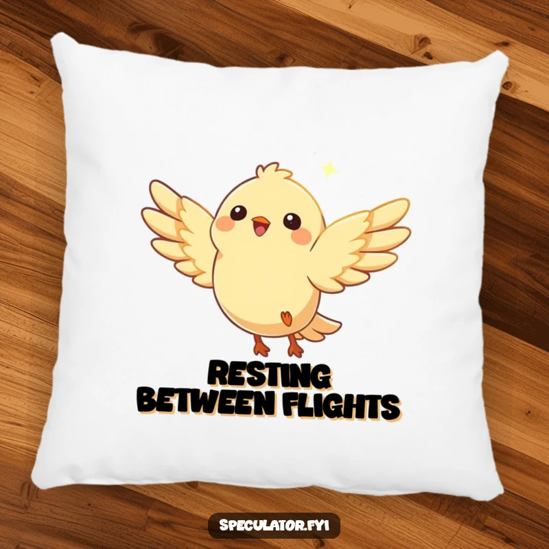 Funny bird pillow featuring a happy character with wings spread, soaring serenely towards a distant, hopeful glimmer.