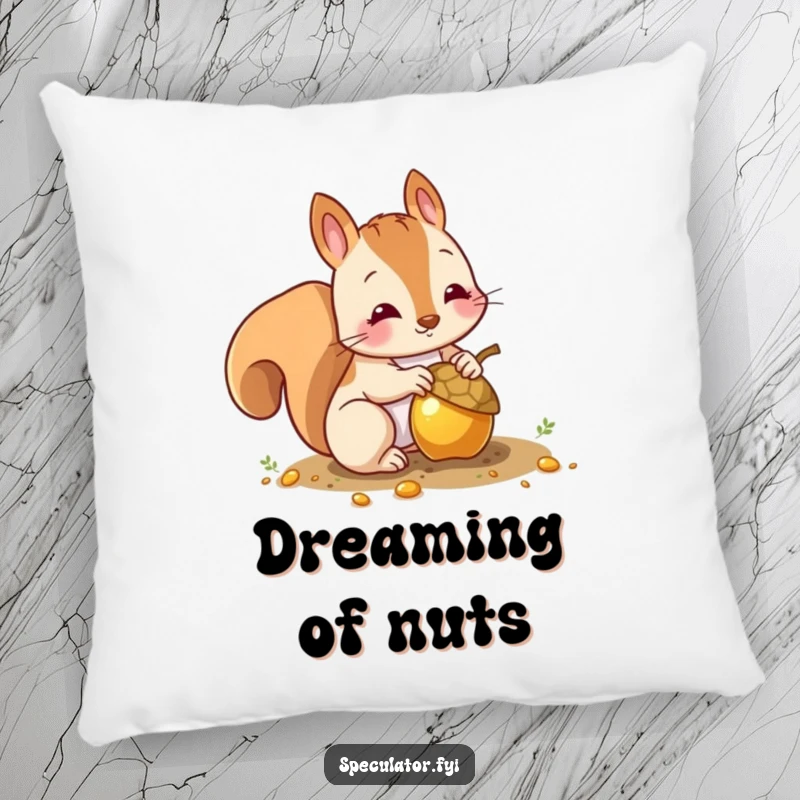 Funny squirrel pillow with a character burying a shiny gold acorn, offering comfort and humor.