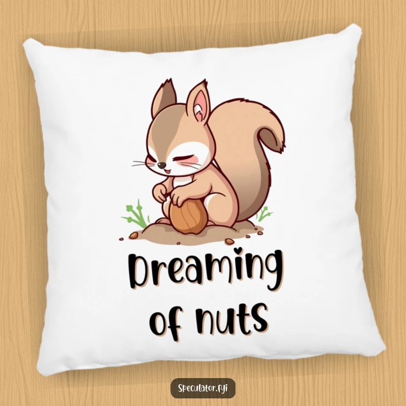 Funny Squirrel Pillow: a nimble squirrel buries a nut while glancing around, offering a humorous and comfortable decorative piece.