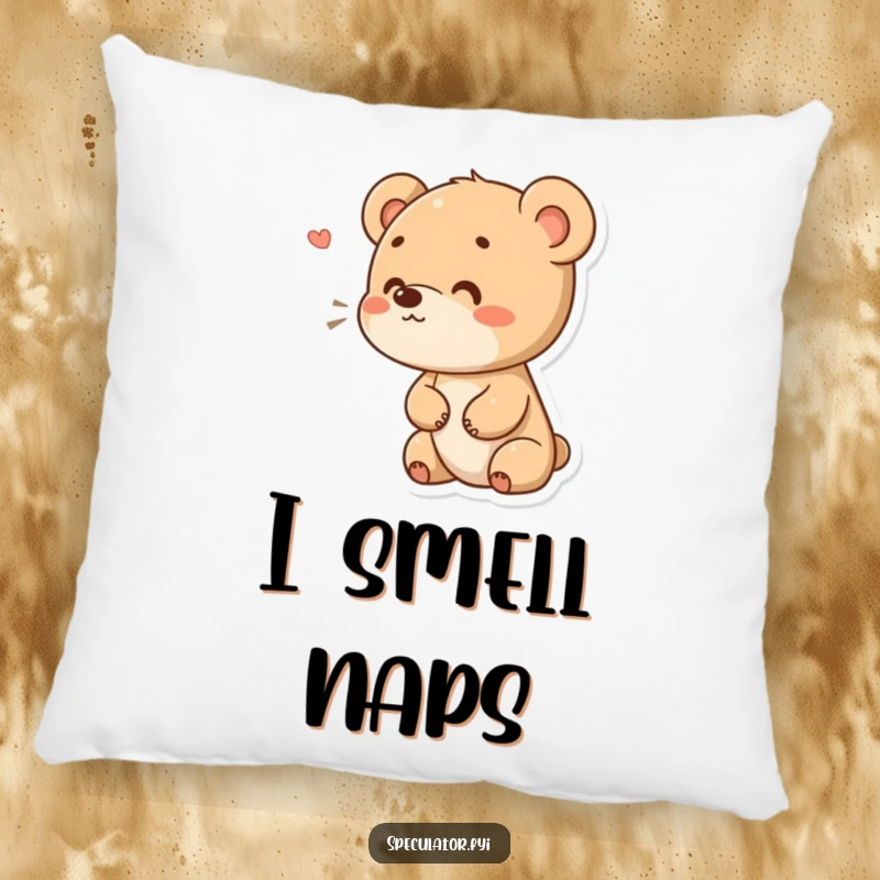 Funny plush pillow featuring a small bear cub with a curious expression, sniffing the air, offering comfort and a sense of wonder. An adorable funny gift.