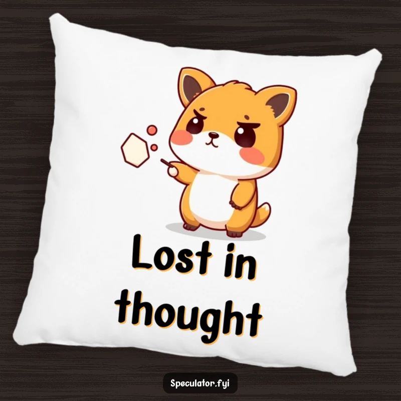 Funny Kawaii Animal Pillow: A Kawaii animal sits with a furrowed brow, pointing at an enigmatic abstract shape, sharing its confusion humorously.