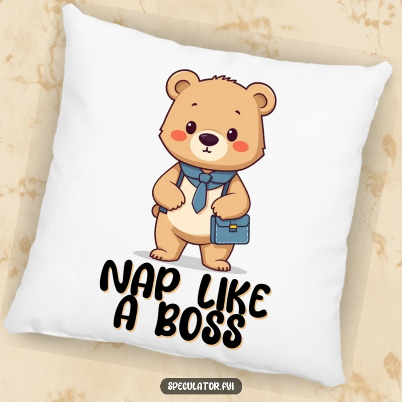 Funny and cozy pillow with a confident bear cub holding a briefcase, perfect for adding a touch of professional humor.