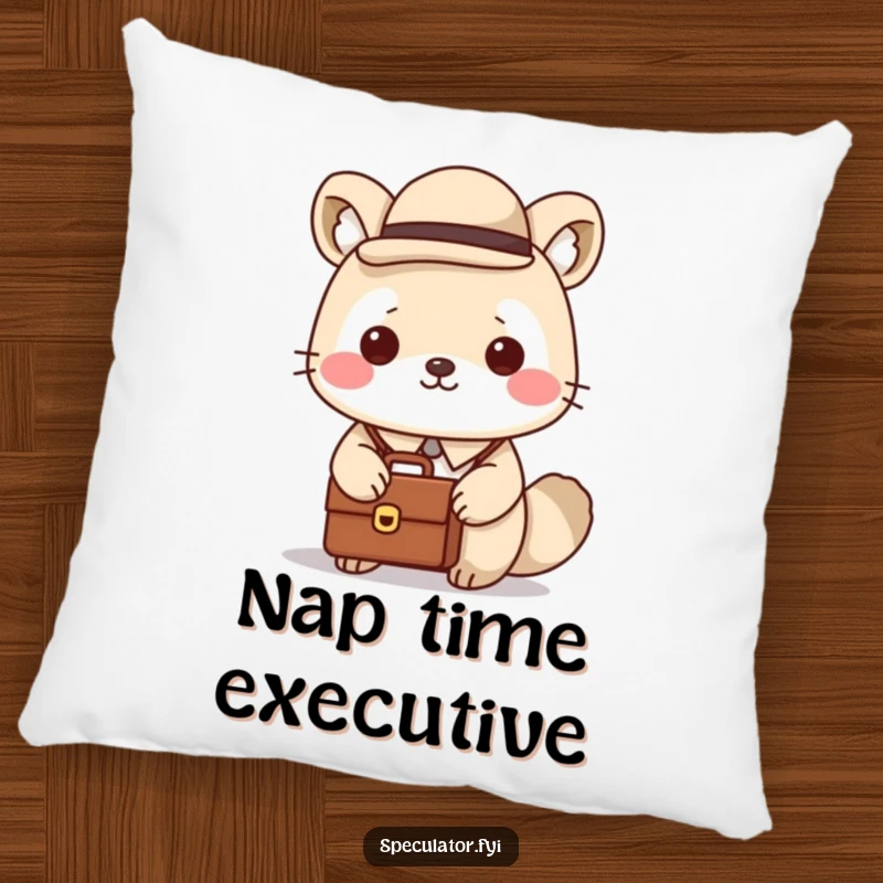Funny Kawaii Animal Pillow: A Kawaii animal in a tiny bowler hat holds a briefcase, embodying funny, corporate ambition.