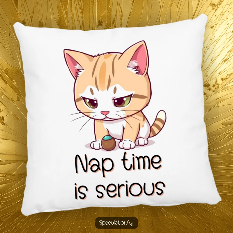 Funny cat character pillow intensely focused on a small moving object, a soft and humorous accent for any cat lover's space.