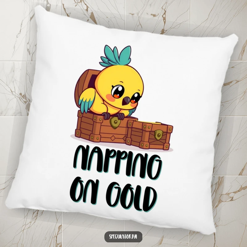 Funny curious parrot pillow, observing a treasure chest with bright eyes, soft and humorous decorative accent.