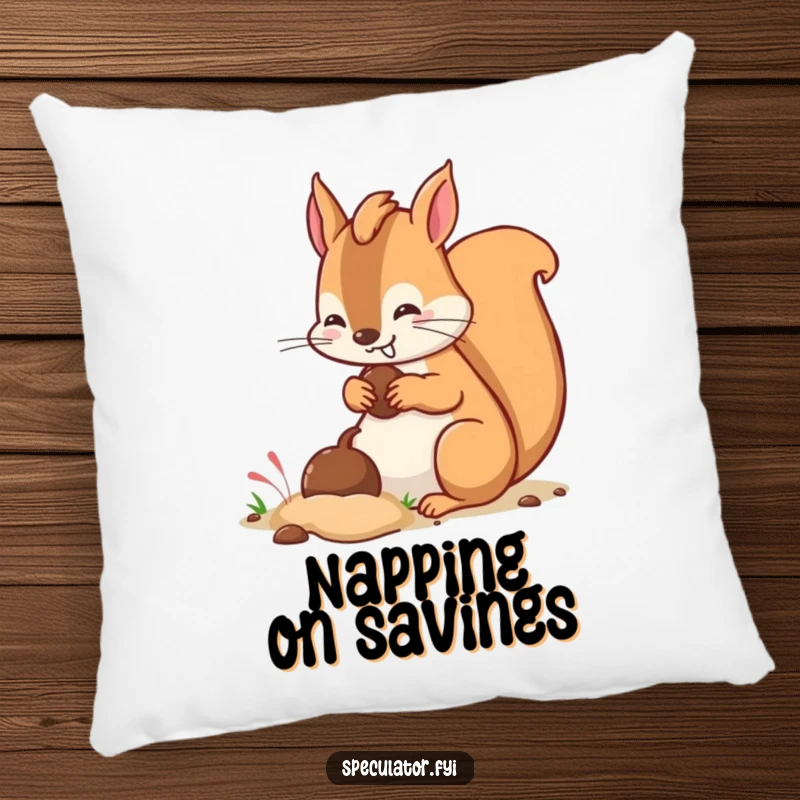 Funny kawaii squirrel character with a sly grin burying a nut on a plush pillow.
