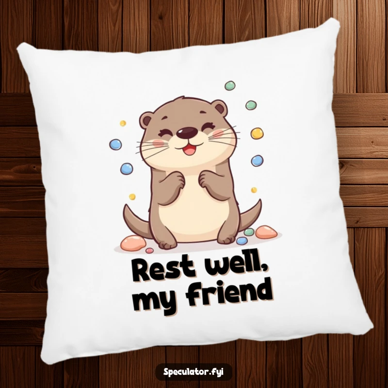 Funny Otter Pillow: A cheerful otter juggles pebbles on a soft pillow, bringing playful humor and comfort.