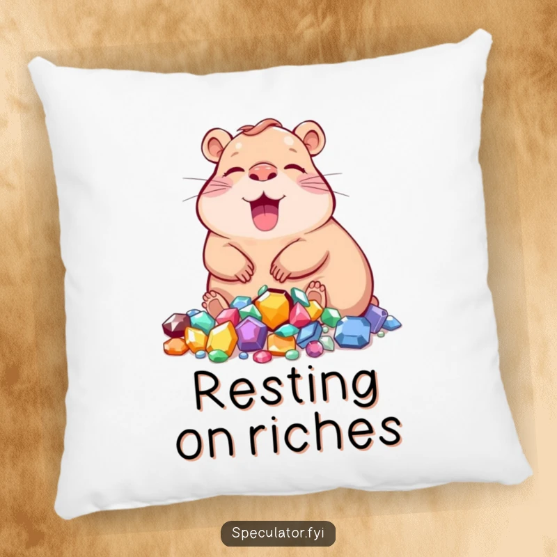 Funny capybara pillow with a character relaxing near a pile of jewels, offering comfort and sparkle.