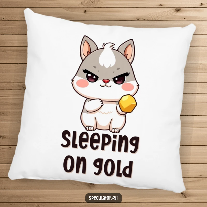 Funny Kawaii animal pillow with sly wink holding a golden nugget, comfy and a perfect funny gift.