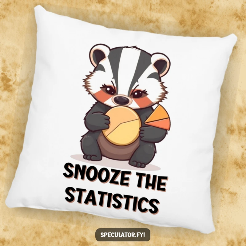 Funny decorative pillow with a focused badger analyzing a pie chart, offering comfort and a humorous touch.
