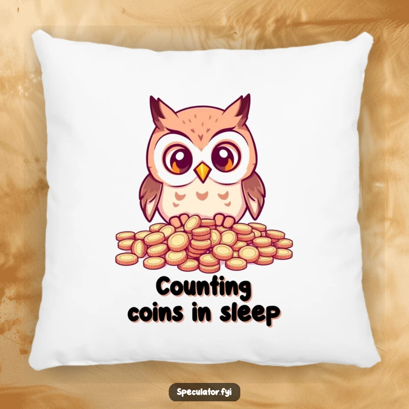 Funny kawaii owl with wide eyes staring at a scattered pile of coins, offering comfort and humor on a decorative pillow.