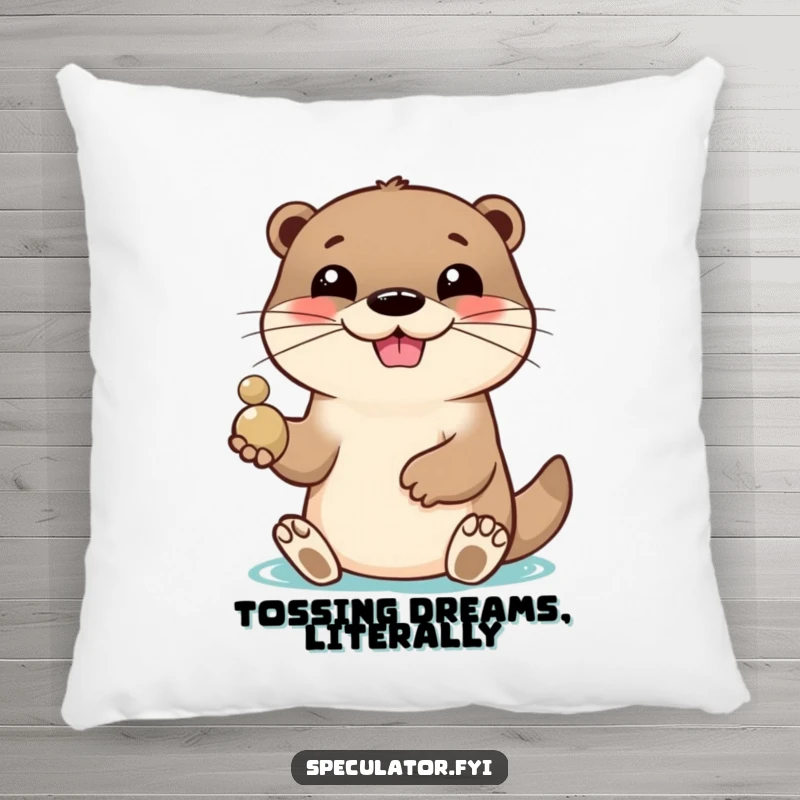 Funny plush pillow featuring a lively otter character with a playful grin, tossing a shiny pebble, offering comfort and cheer. An adorable funny gift.