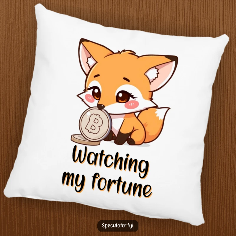 Funny fox pillow, curious character watching a spinning coin, soft and comfortable, adds witty charm.