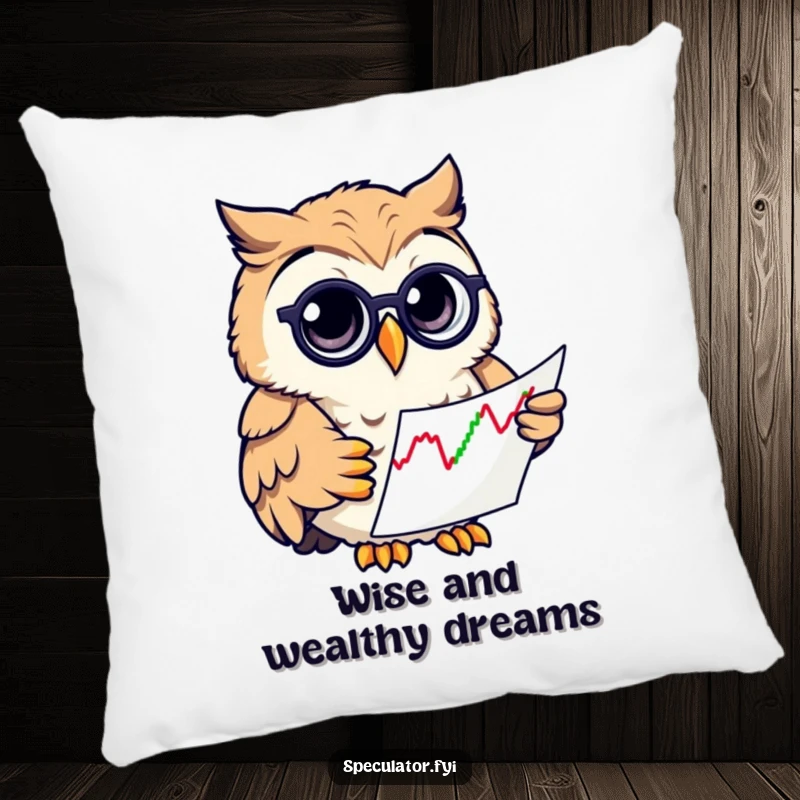 Funny owl with a monocle, looking at a stock chart, on a soft pillow, providing comfort and humor.
