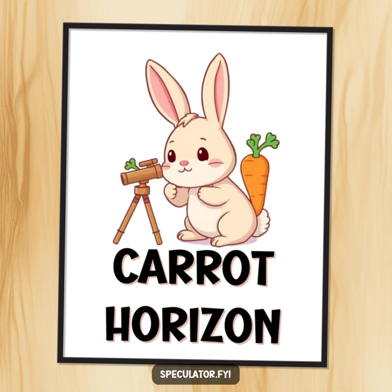 Funny digital art of a rabbit using a telescope to look for a carrot, whimsical and charming for home decor.