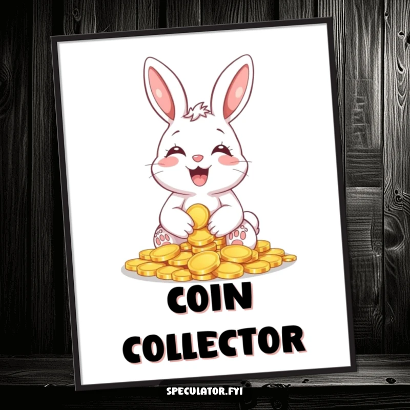 Funny Giggling Bunny Coin Digital Art Print of a happy bunny holding shiny coins, bringing playful fortune and charming humor to digital displays.