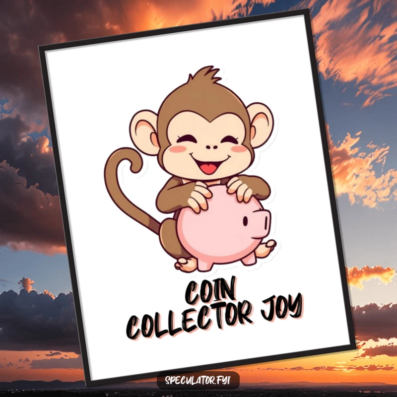 Funny kawaii monkey digital art print, showing a monkey playfully shaking a piggy bank, instantly downloadable art.