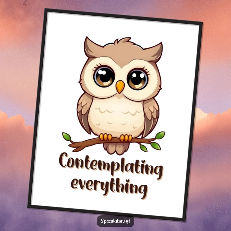 Funny owl digital art print, large eyes, perched, gazing thoughtfully, instant wise wall art.